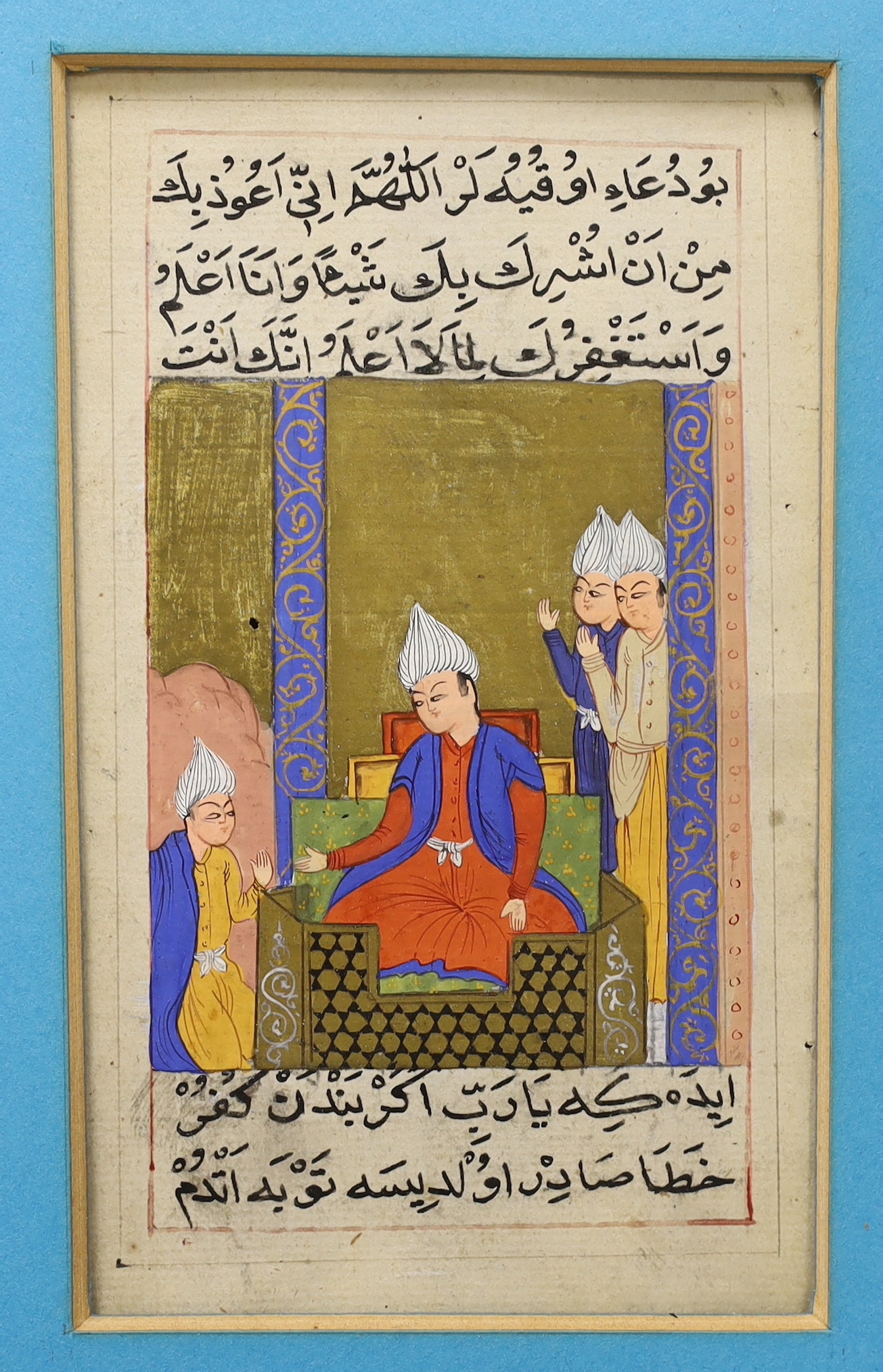 Five Indian Mughal style gouache paintings of court scenes and figures on horseback, largest 22 x 14.5cm
